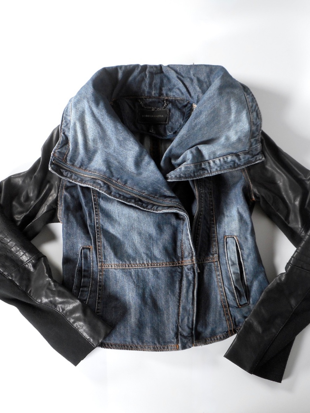 BCBG MaxAzria Denim Women's Sz S Moto Jacket Black Faux Leather Zipper Pockets